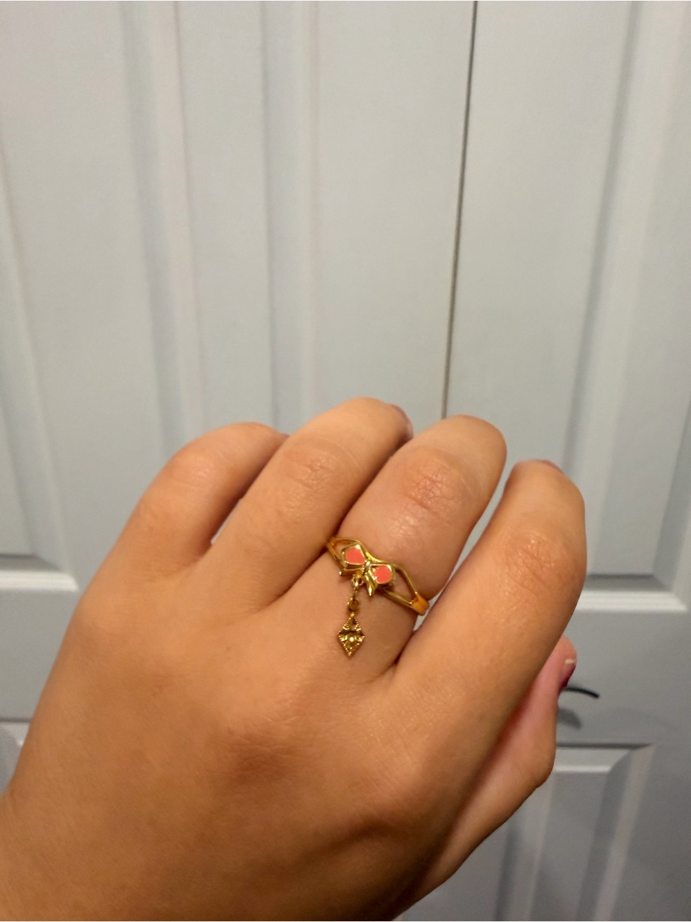 Vintage Gold Ring with Pink Enamel Bow and Dangle Charm